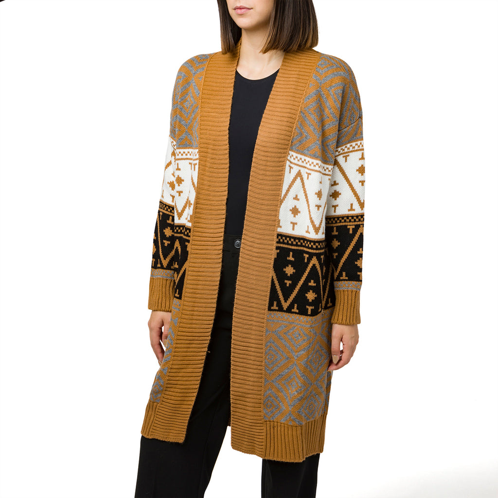 Cardigan lungo da donna marrone a fantasia multicolore Swish Jeans