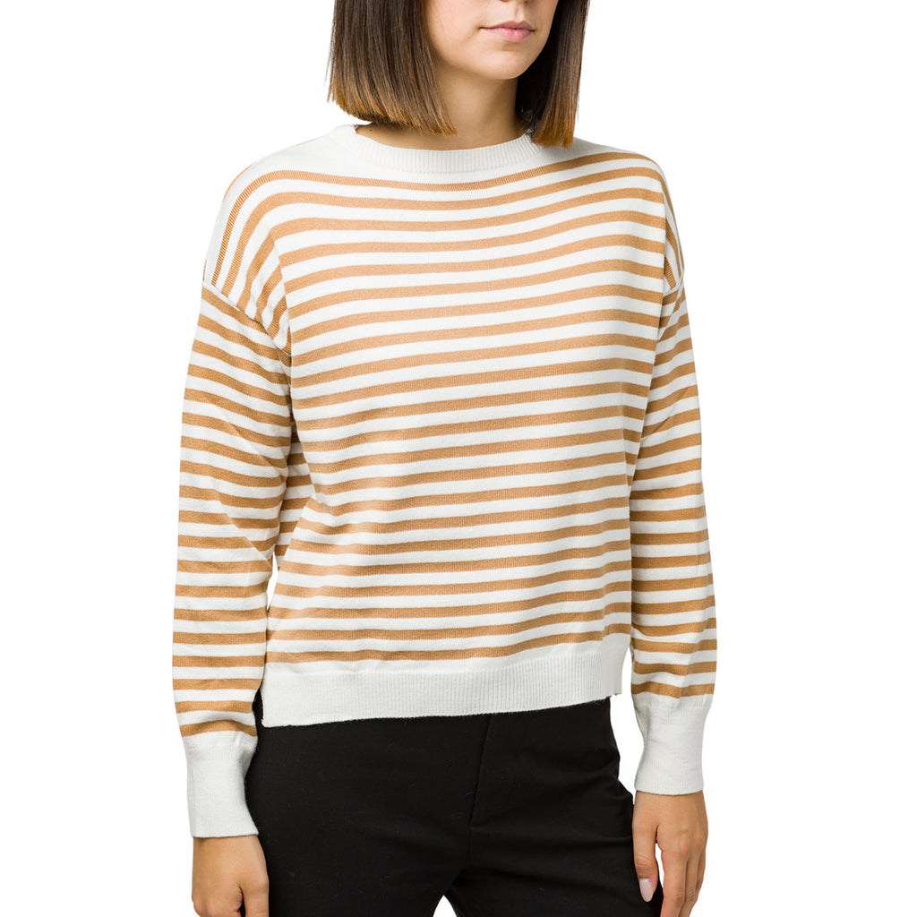 Maglione da donna girocollo bianco a righe color cuoio Swish Jeans