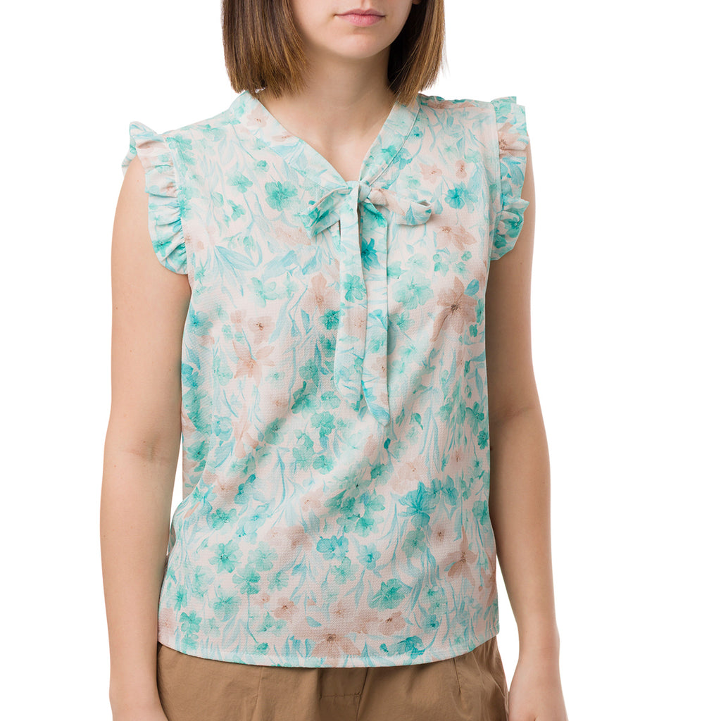 Camicia smanicata bianca da Donna con fantasia floreale e rouches Swish Jeans