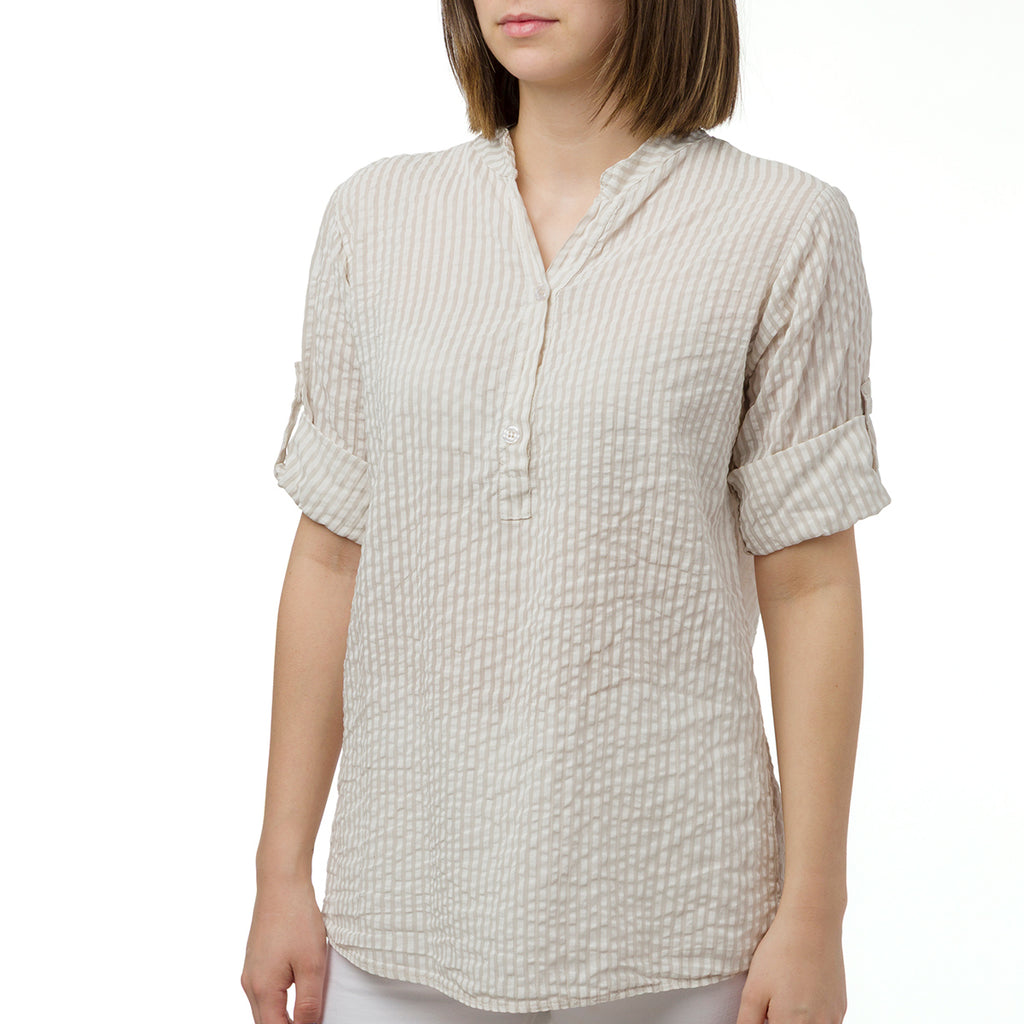 Camicia in cotone stropicciato a Righe Bianche e Beige da Donna Swish Jeans