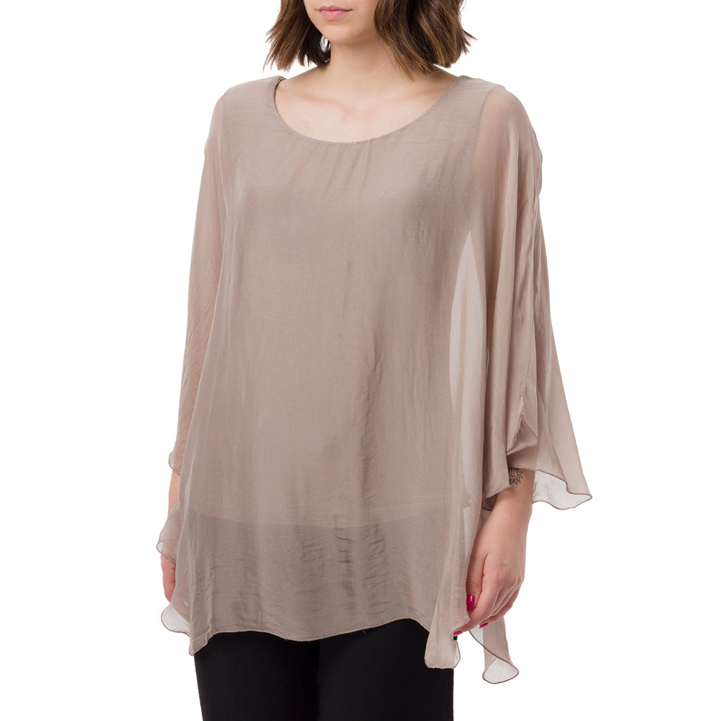 Camicia Taupe a Maniche Corte da Donna Semi Trasparente con Fodera Swish Jeans