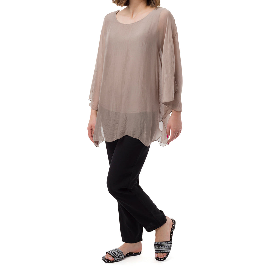 Camicia Taupe a Maniche Corte da Donna Semi Trasparente con Fodera Swish Jeans