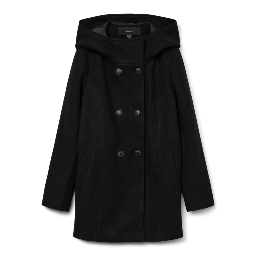 Cappotto da donna nero con cappuccio e chiusura doppiopetto Vero Moda