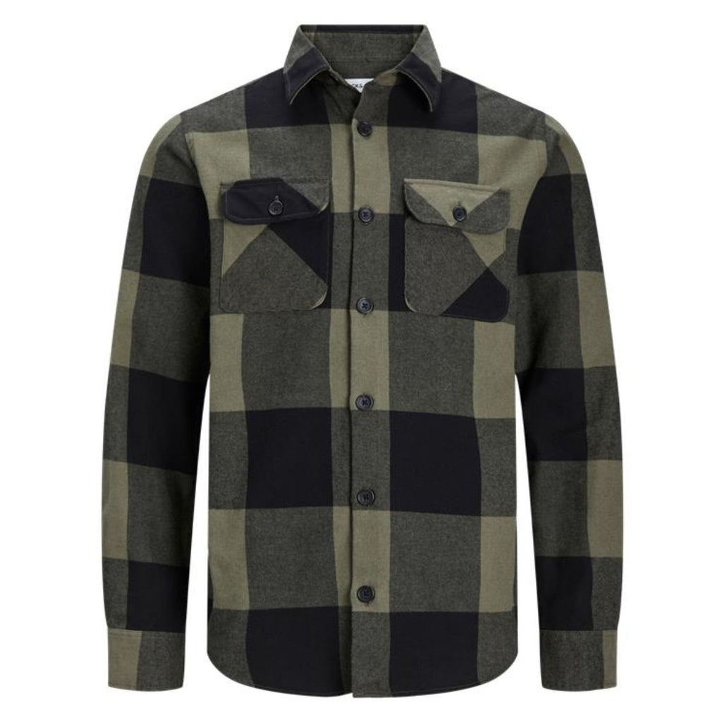 Camicia da uomo nera e verde militare a quadri con bottoni Jack & Jones