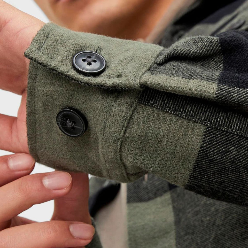 Camicia da uomo nera e verde militare a quadri con bottoni Jack & Jones