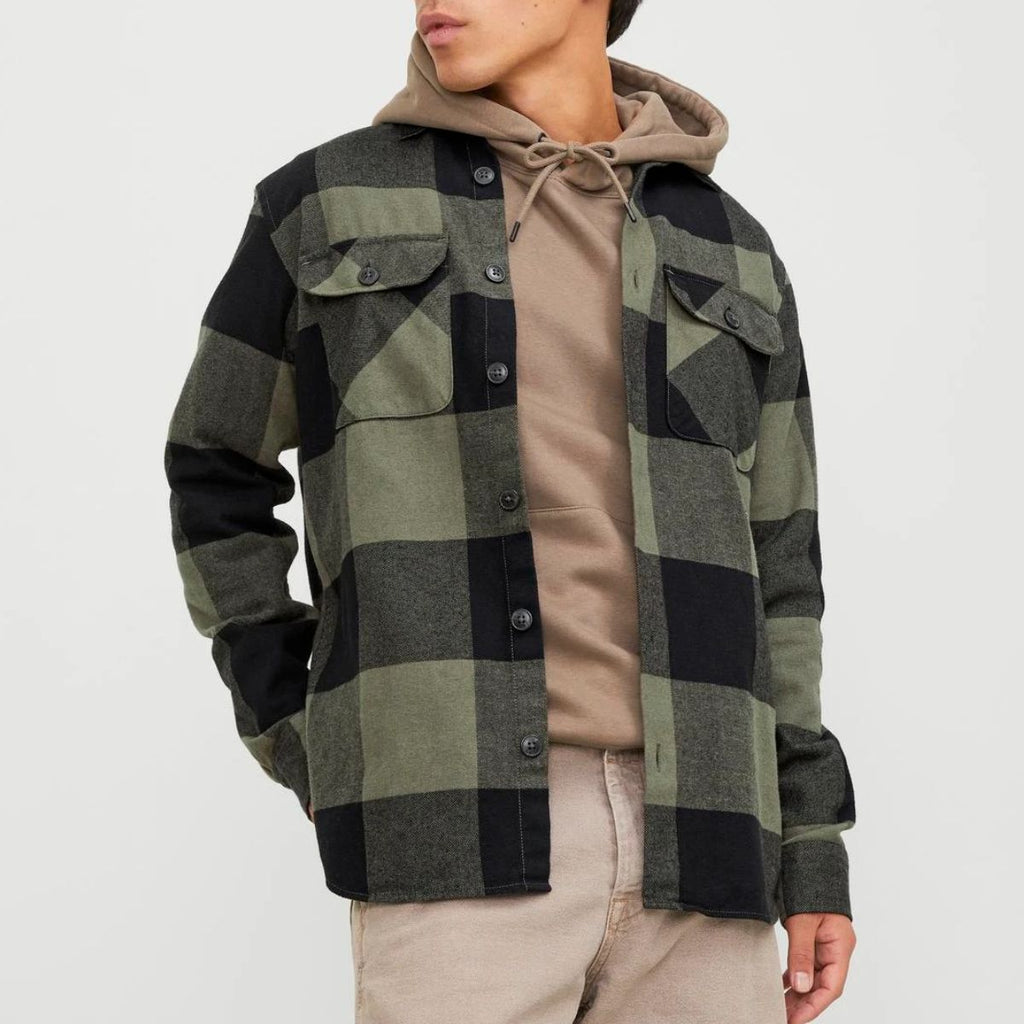 Camicia da uomo nera e verde militare a quadri con bottoni Jack & Jones