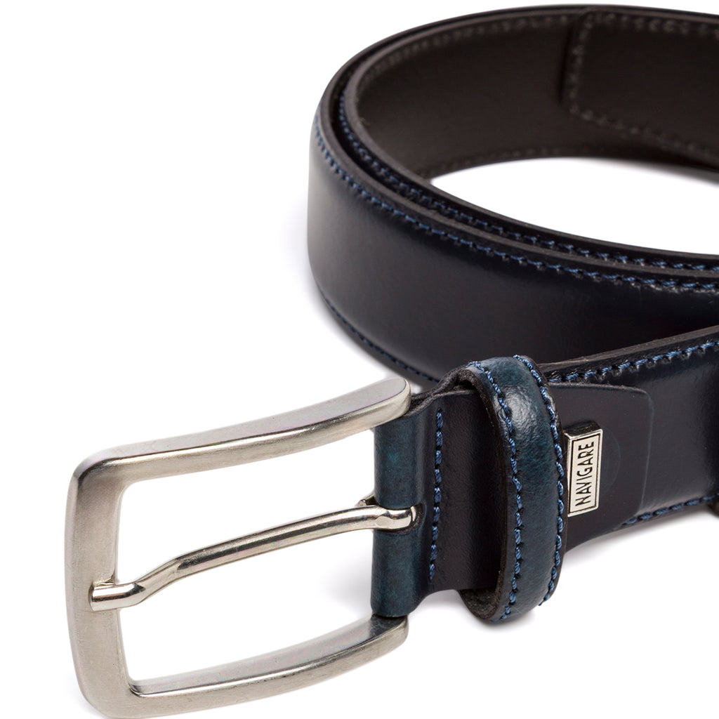 Cintura da Uomo Blu in Pelle con Fibbia in Metallo Navigare