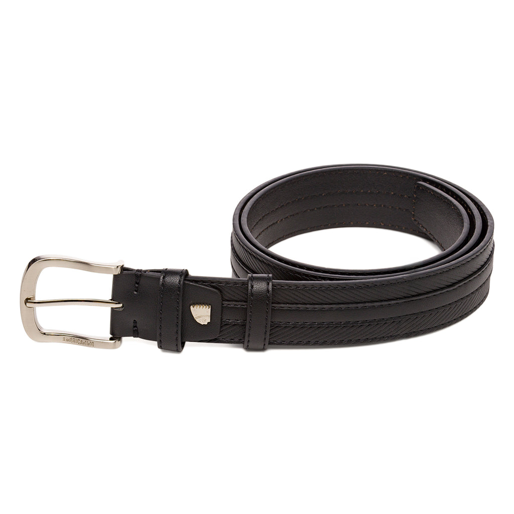 Cintura da Uomo Nera con Cuciture Decorative e Fibbia in Metallo Americanino