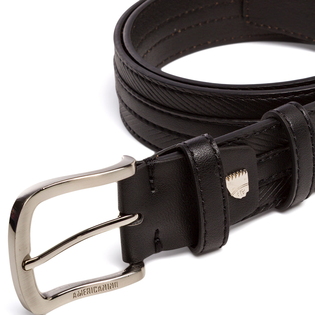 Cintura da Uomo Nera con Cuciture Decorative e Fibbia in Metallo Americanino