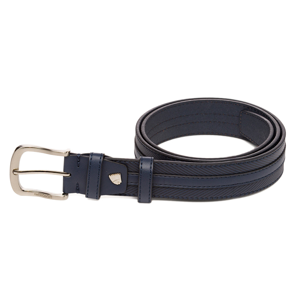 Cintura da Uomo Blu con Cuciture Decorative e Fibbia in Metallo Americanino