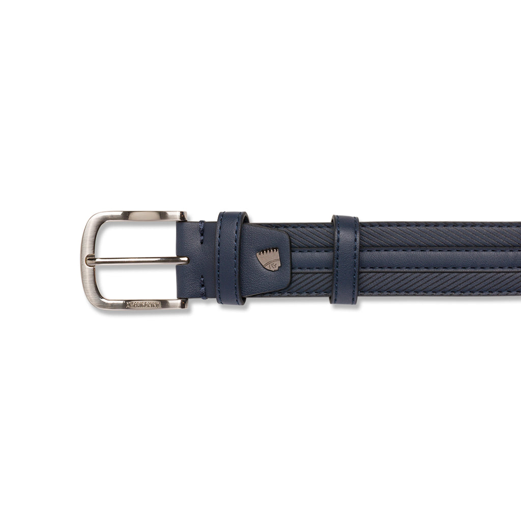 Cintura da Uomo Blu con Cuciture Decorative e Fibbia in Metallo Americanino