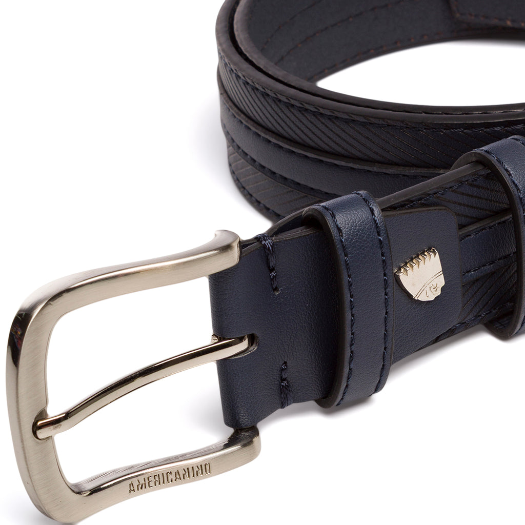 Cintura da Uomo Blu con Cuciture Decorative e Fibbia in Metallo Americanino