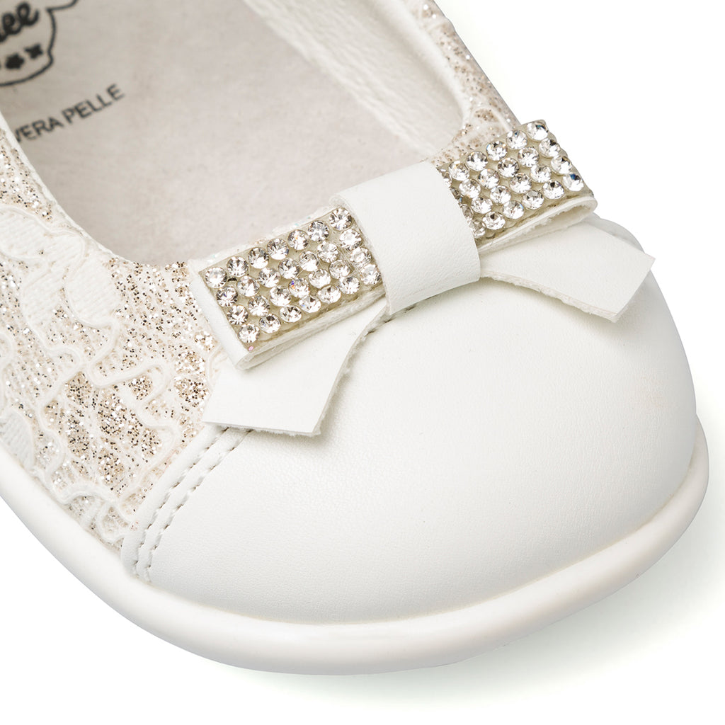 Ballerine primi passi bianche da bambina con fiocco di strass e chiusura a strappo Le Scarpe di Alice