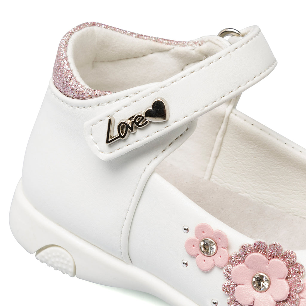 Ballerine primi passi bianche e rosa da bambina con fiori e chiusura a strappo Le Scarpe di Alice