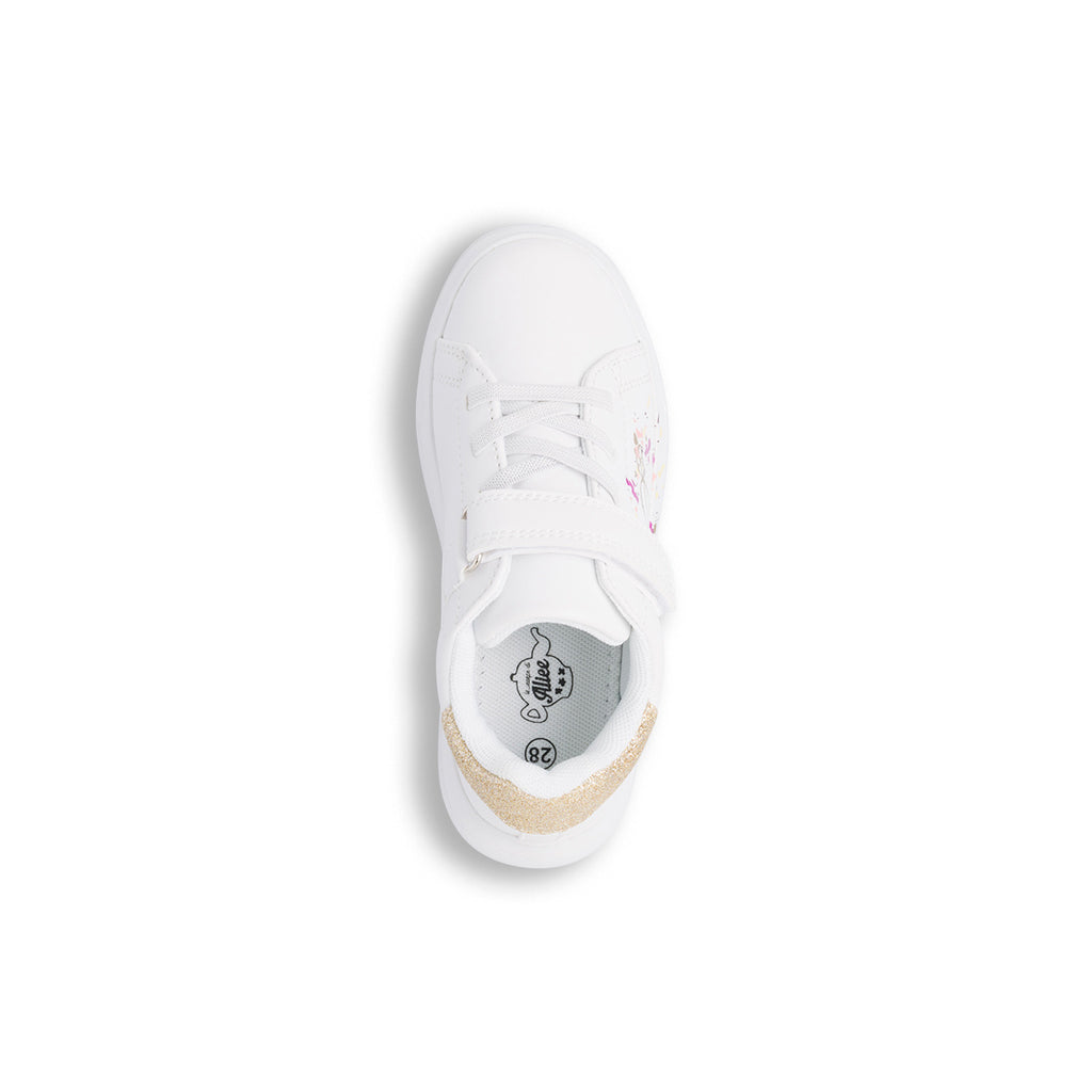 Sneakers bianche da bambina con dettagli glitter e stampa Le scarpe di Alice