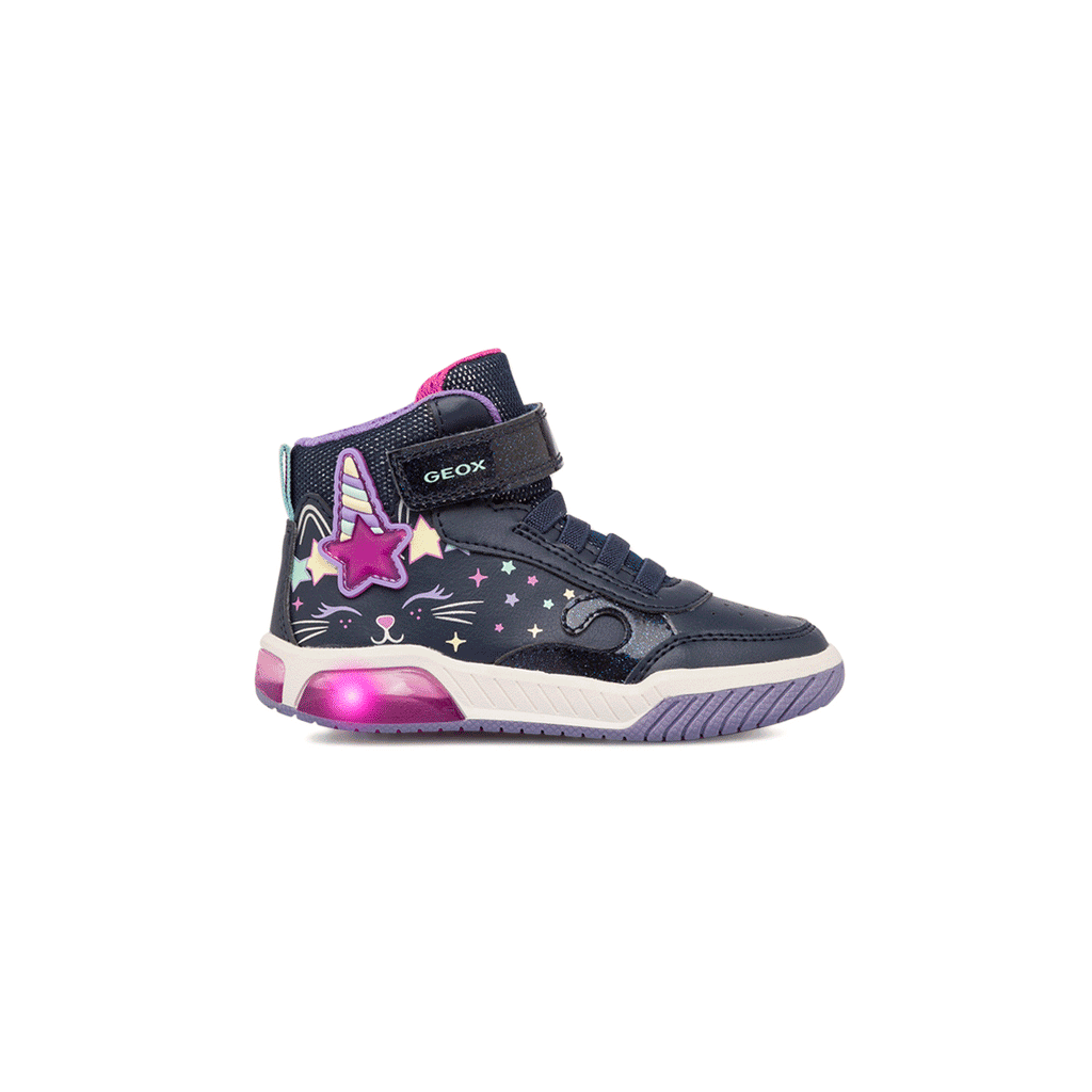 Sneakers alte traspiranti da bambina blu navy con luci e stampe Geox