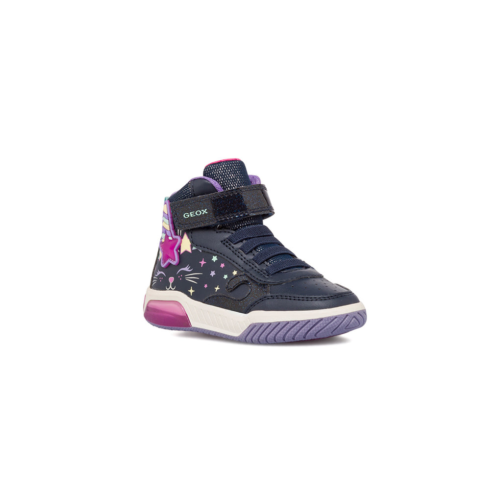 Sneakers alte traspiranti da bambina blu navy con luci e stampe Geox