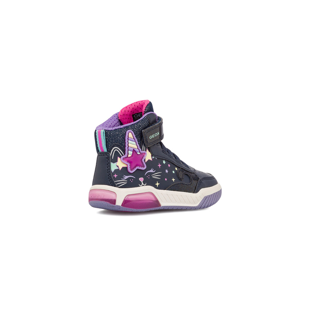 Sneakers alte traspiranti da bambina blu navy con luci e stampe Geox