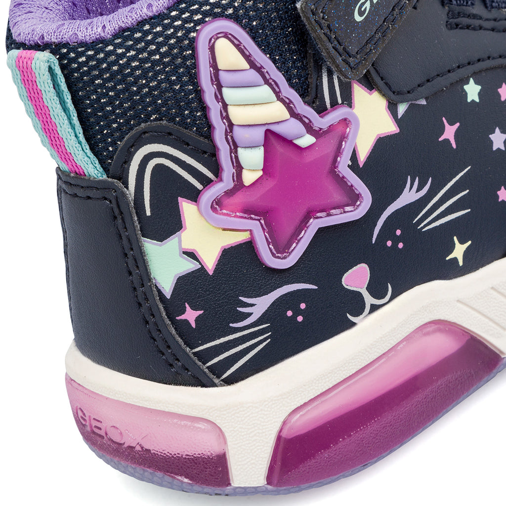 Sneakers alte traspiranti da bambina blu navy con luci e stampe Geox