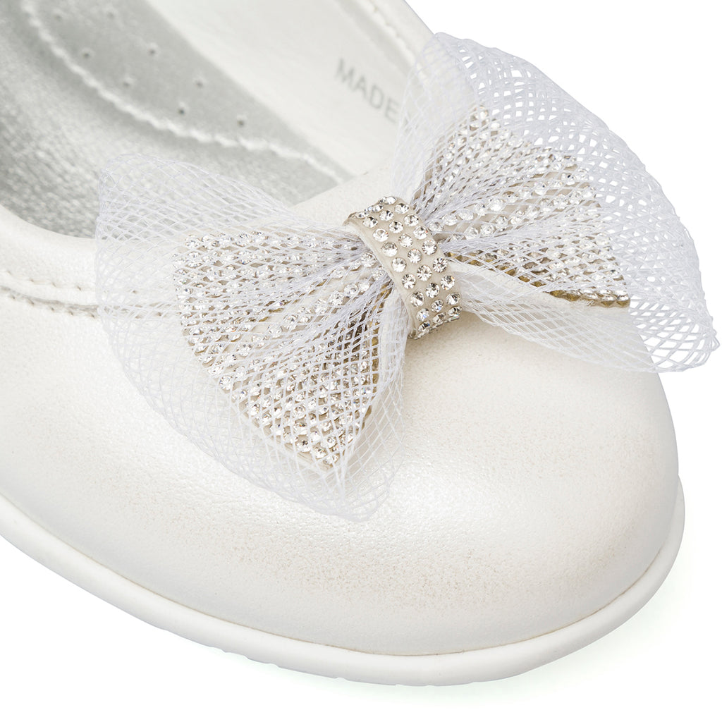 Ballerine bianche effetto iridescente da bambina con fiocco e strass Le scarpe di Alice