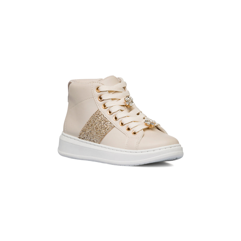 Sneakers alte da ragazza beige con dettagli glitter e fiori in metallo Dieci Baci