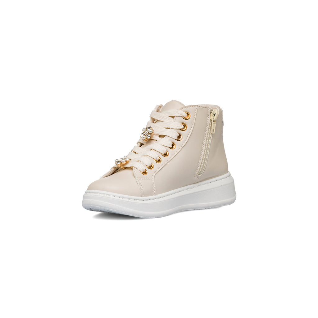 Sneakers alte da ragazza beige con dettagli glitter e fiori in metallo Dieci Baci