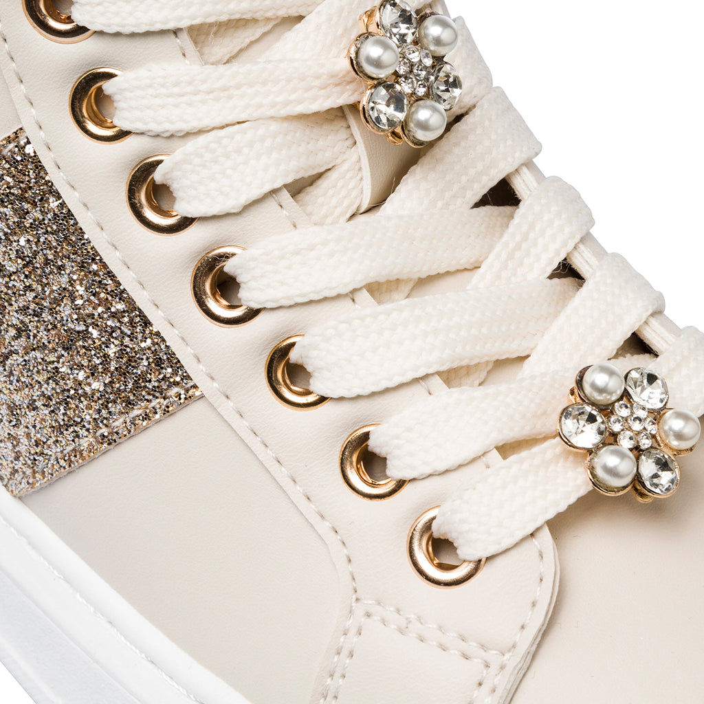 Sneakers alte da ragazza beige con dettagli glitter e fiori in metallo Dieci Baci