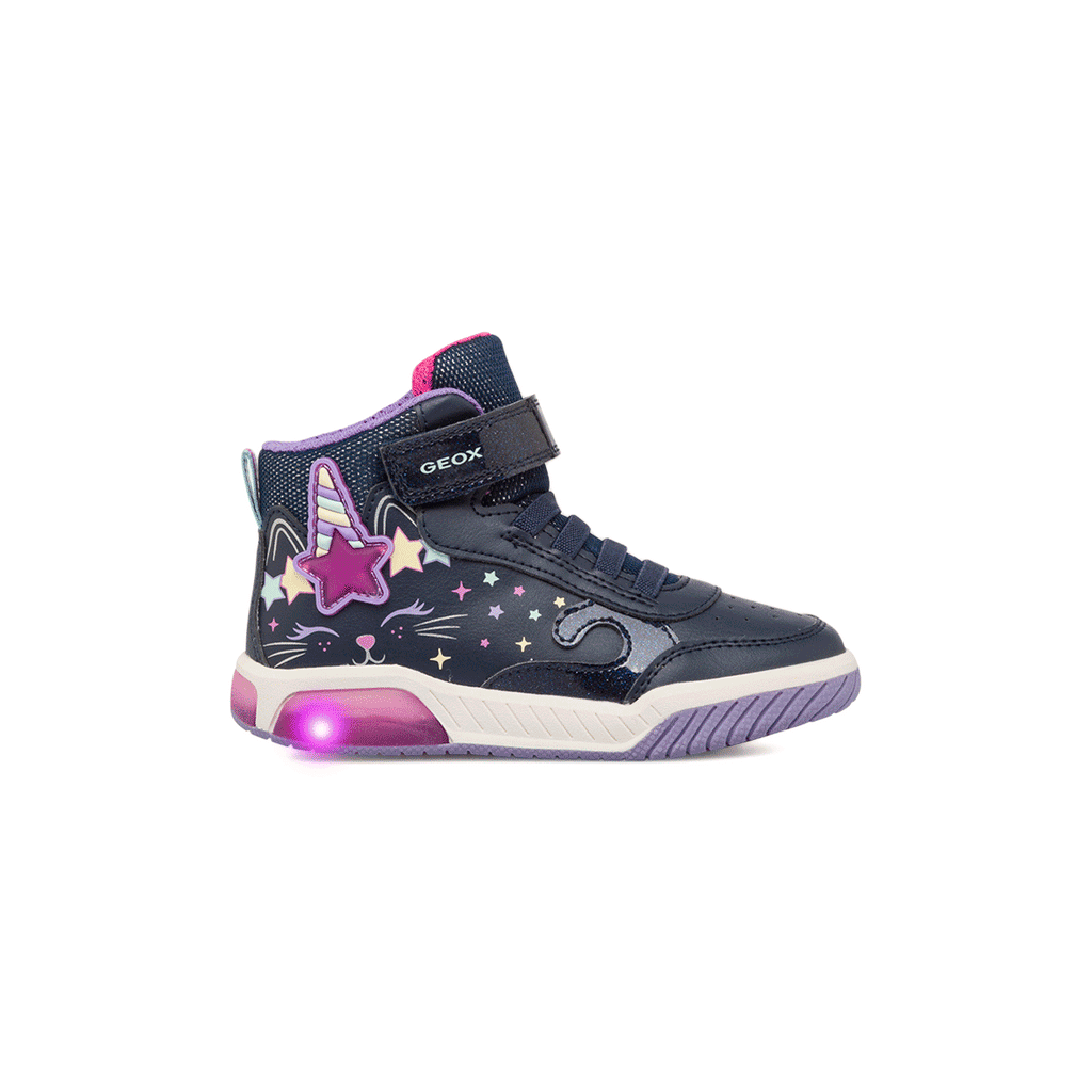 Sneakers alte blu e lilla da ragazza con luci nella suola Geox