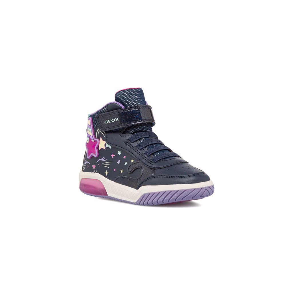 Sneakers alte blu e lilla da ragazza con luci nella suola Geox