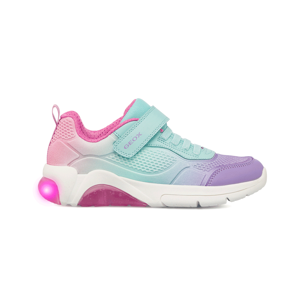 Sneakers da ragazza azzurre con dettagli rosa e viola e luci Geox