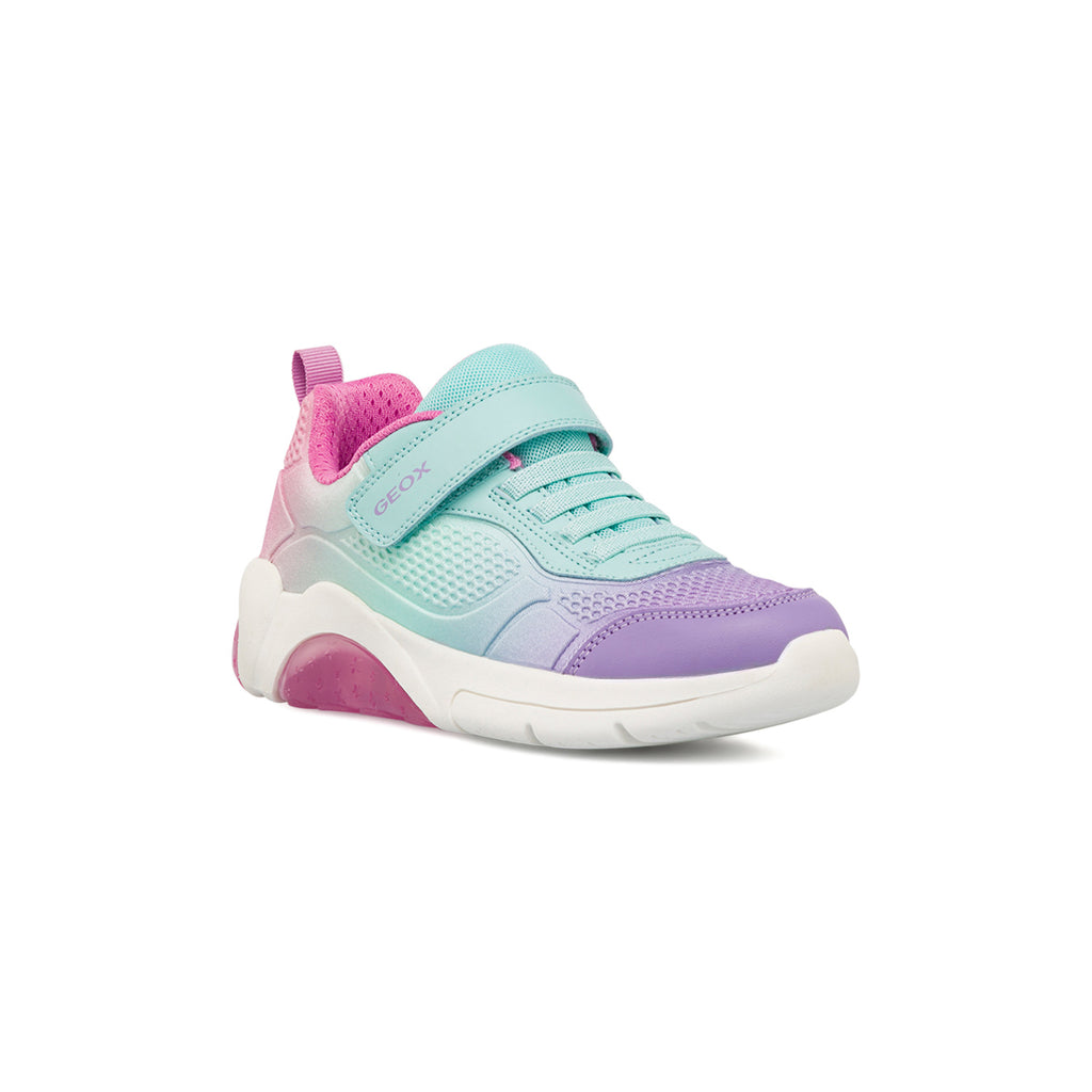 Sneakers da ragazza azzurre con dettagli rosa e viola e luci Geox