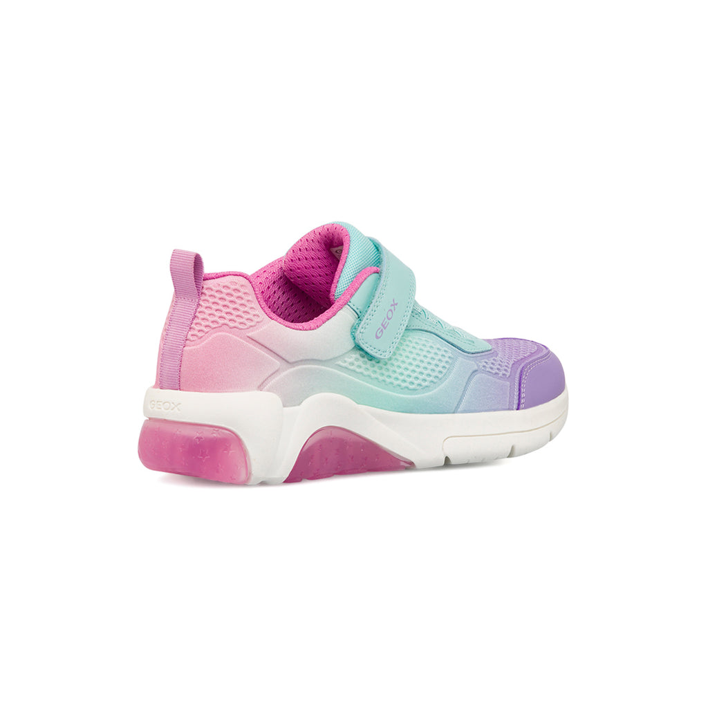 Sneakers da ragazza azzurre con dettagli rosa e viola e luci Geox