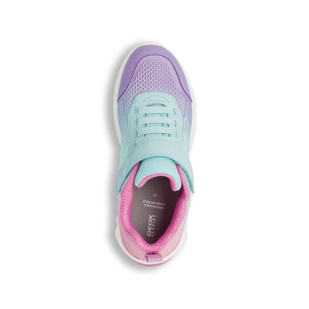 Sneakers da ragazza azzurre con dettagli rosa e viola e luci Geox