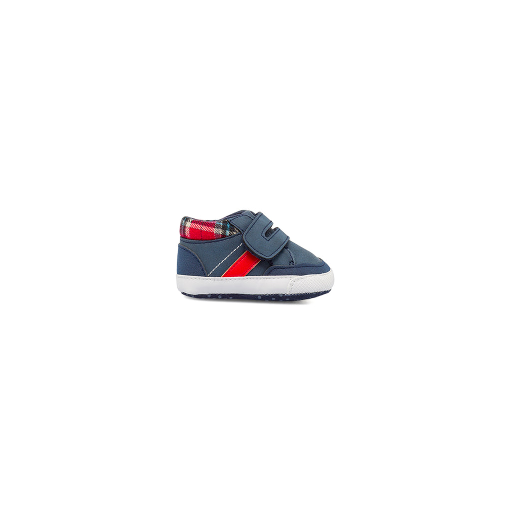 Scarpe Primi Passi blu da bambino con dettagli tartan rossi Chicco