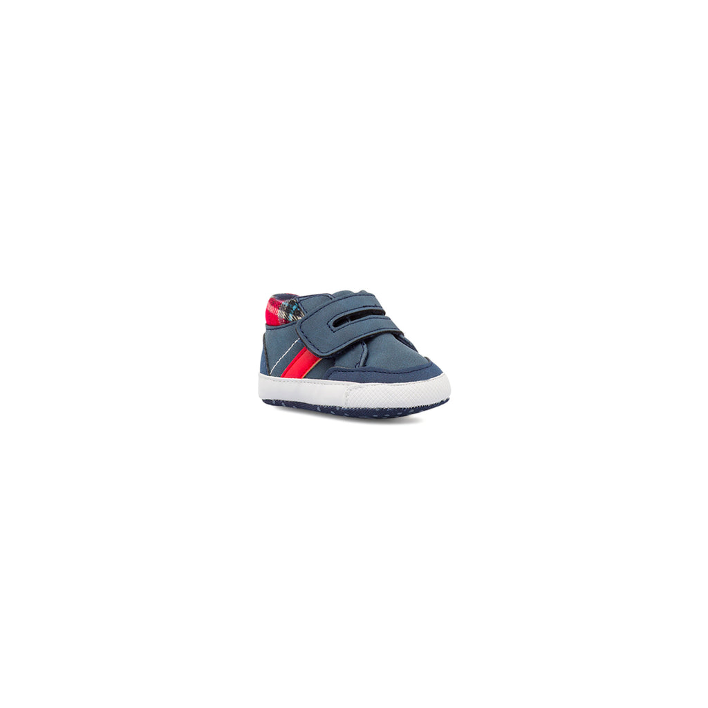 Scarpe Primi Passi blu da bambino con dettagli tartan rossi Chicco