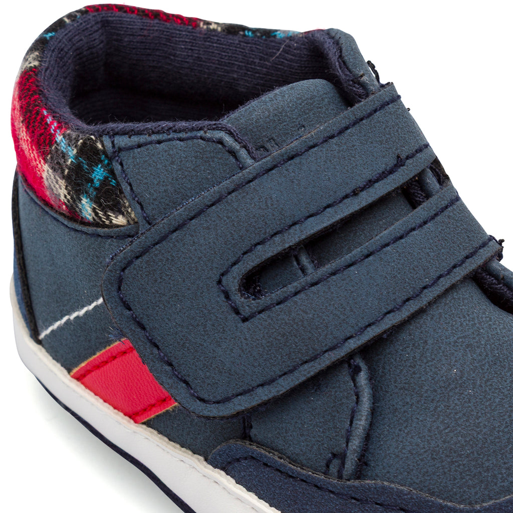 Scarpe Primi Passi blu da bambino con dettagli tartan rossi Chicco