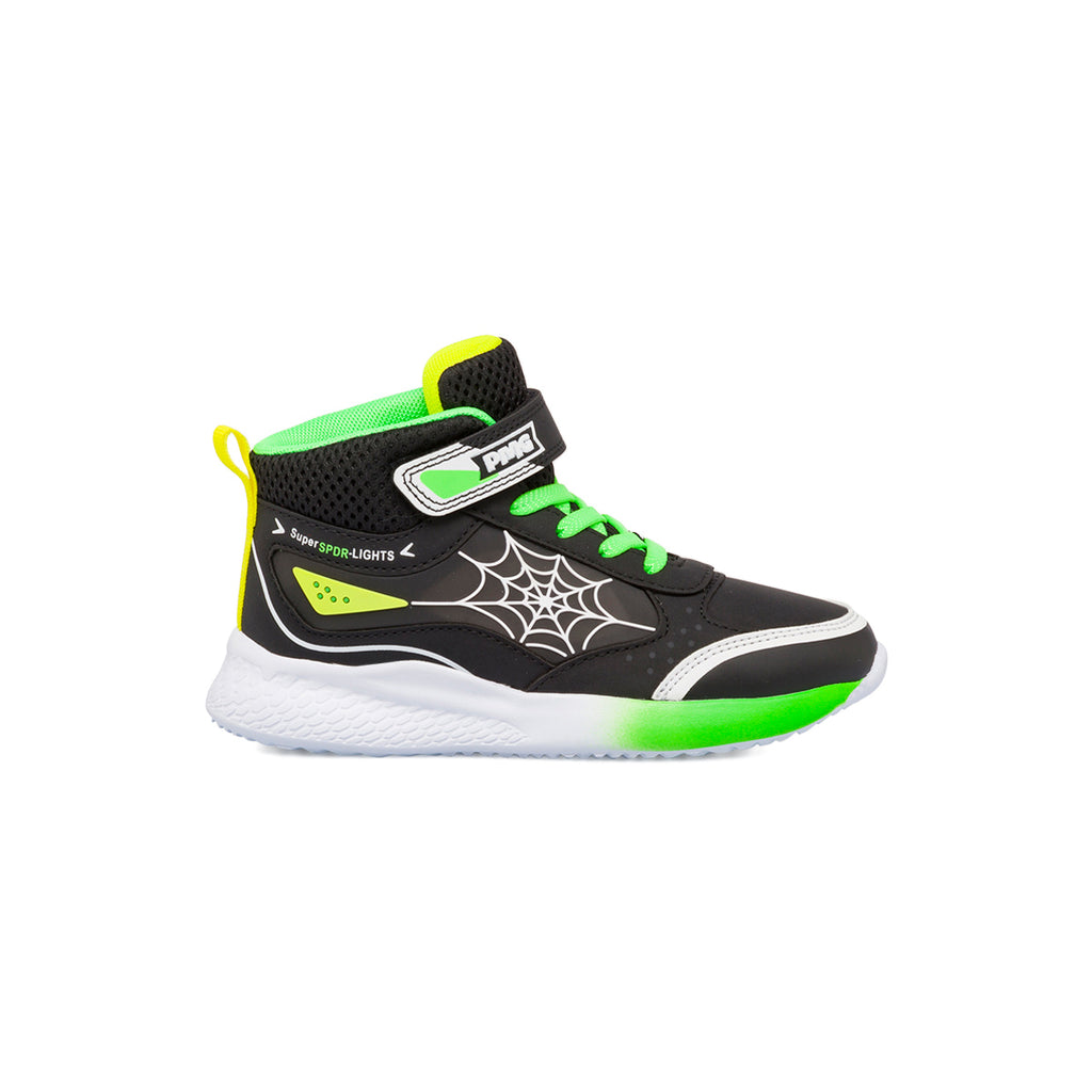 Sneakers da bambino nere con dettagli verde e giallo fluo e luci Primigi