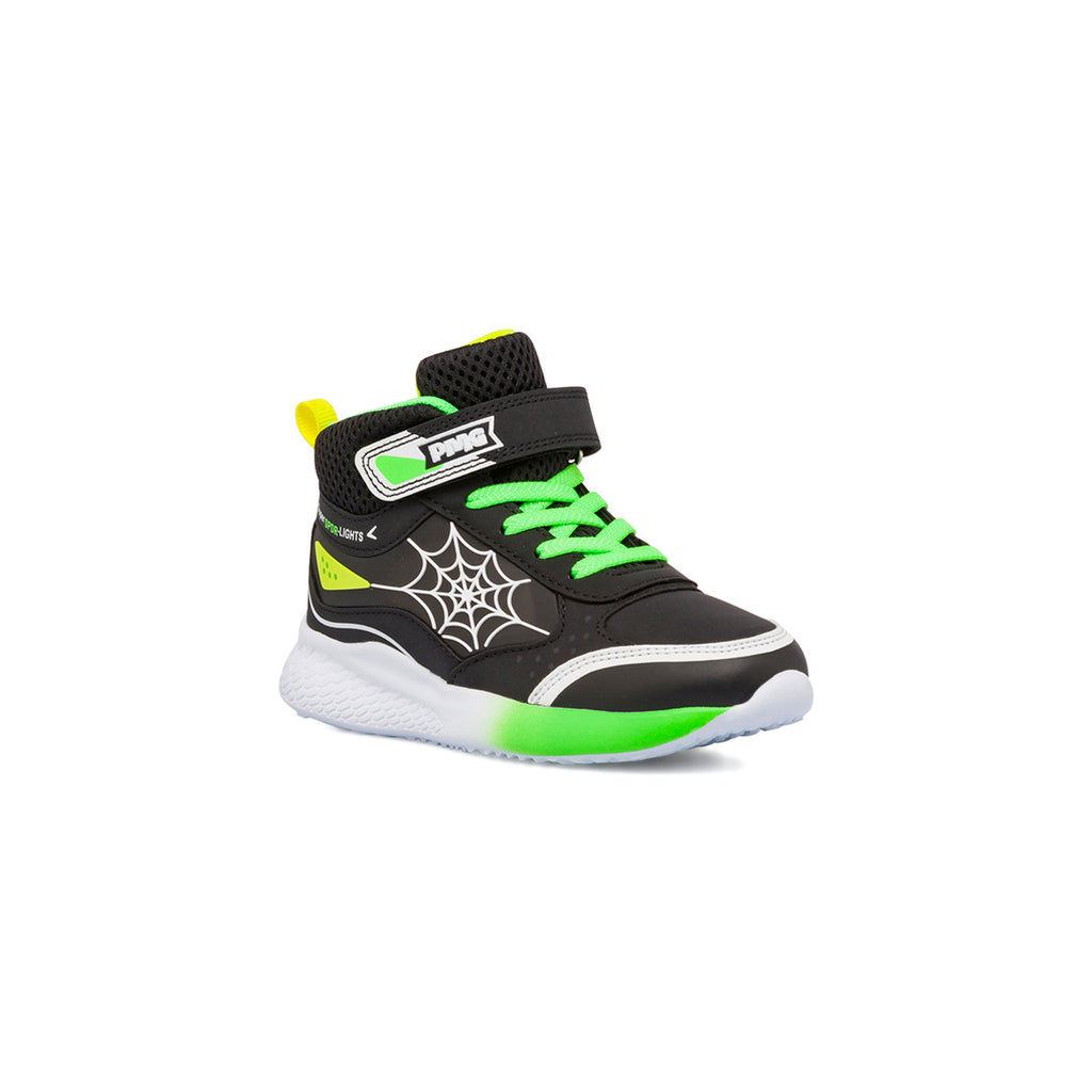 Sneakers da bambino nere con dettagli verde e giallo fluo e luci Primigi