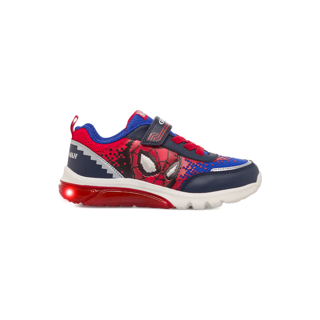 Sneakers traspiranti blu e rosse da ragazzo con stampa Spiderman e luci nella suola Geox Ciberdron
