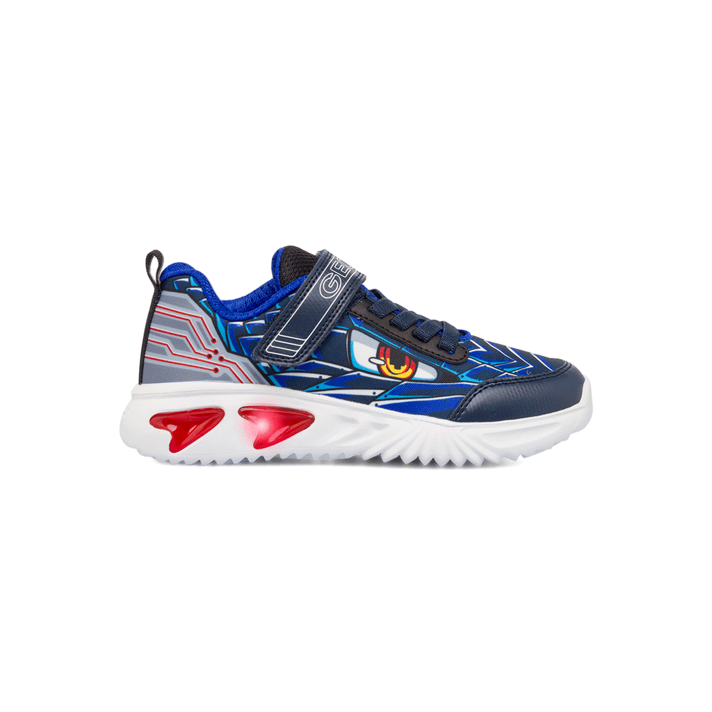 Sneakers traspiranti da ragazzo blu con stampa e luci Geox