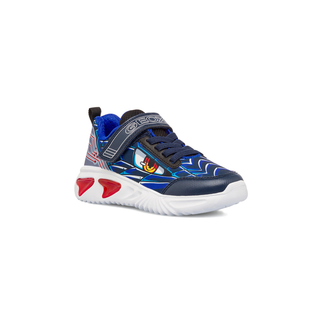 Sneakers traspiranti da ragazzo blu con stampa e luci Geox