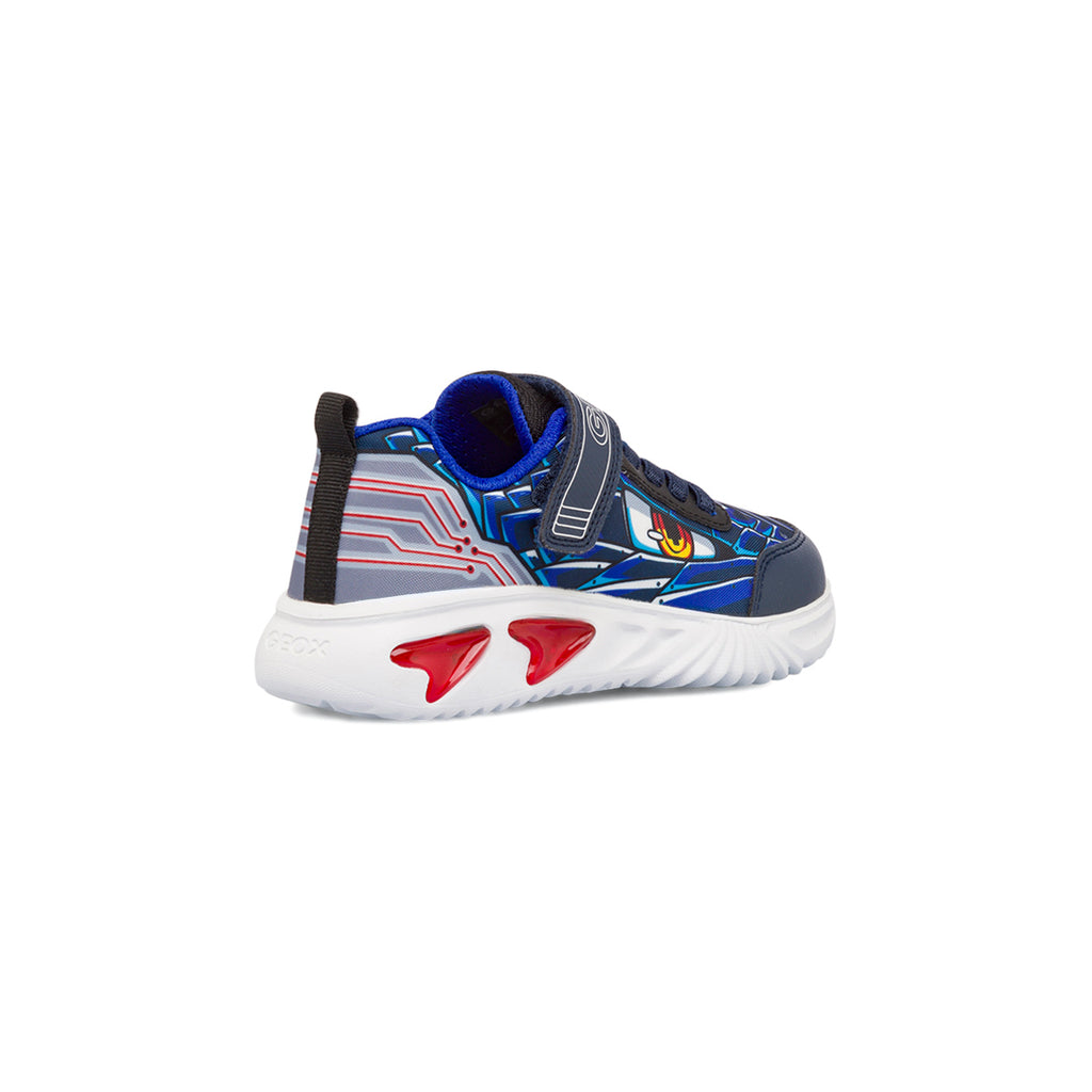 Sneakers traspiranti da ragazzo blu con stampa e luci Geox