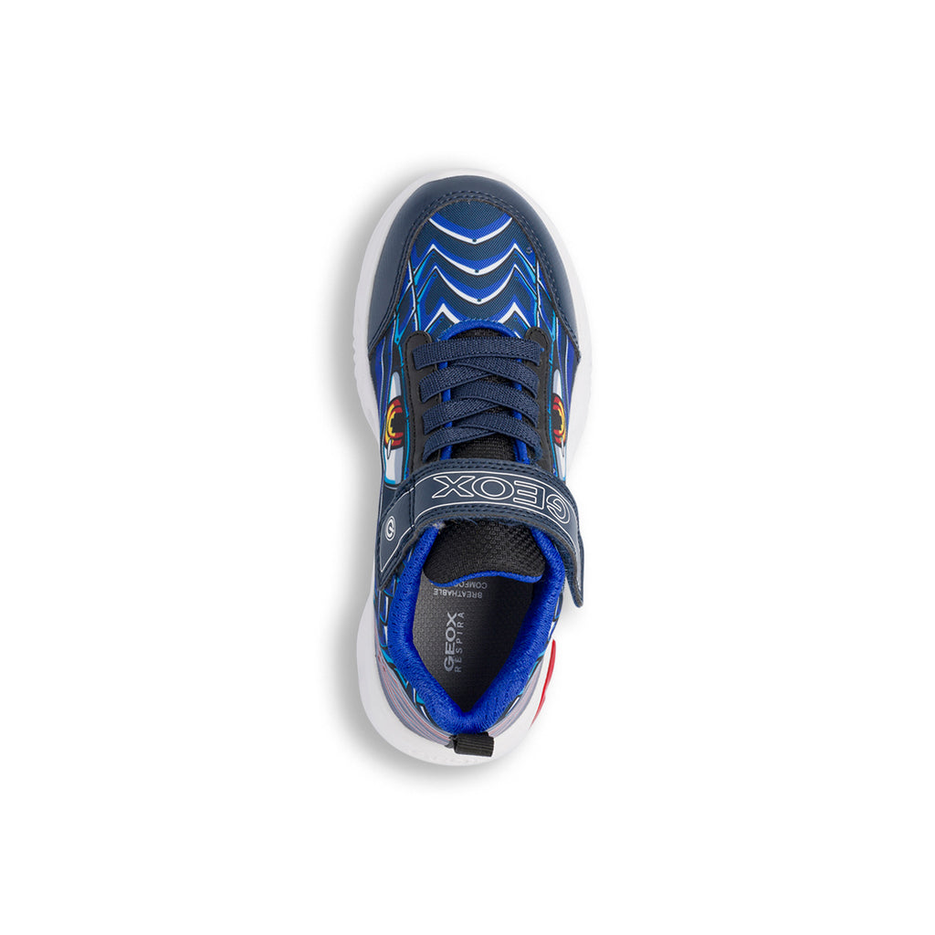 Sneakers traspiranti da ragazzo blu con stampa e luci Geox