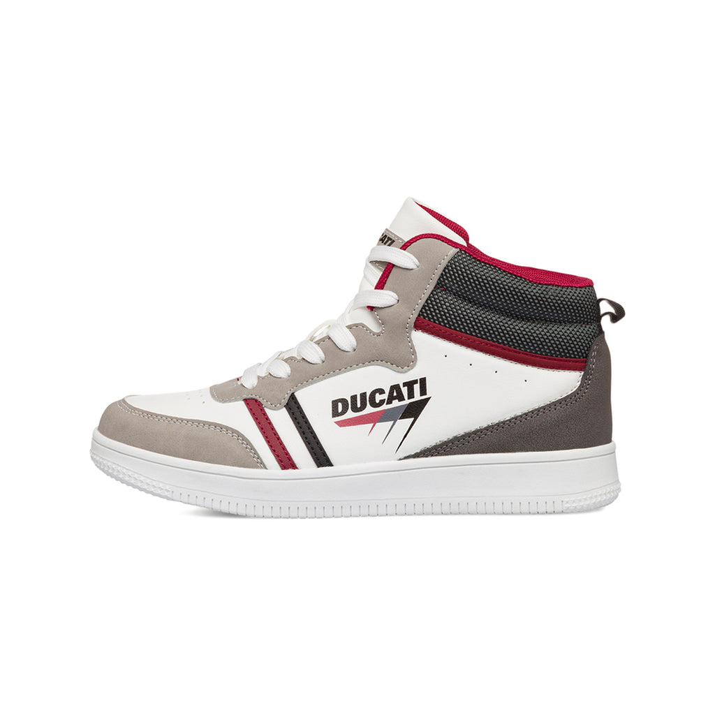 Sneakers alte da ragazzo bianche e beige con logo Ducati