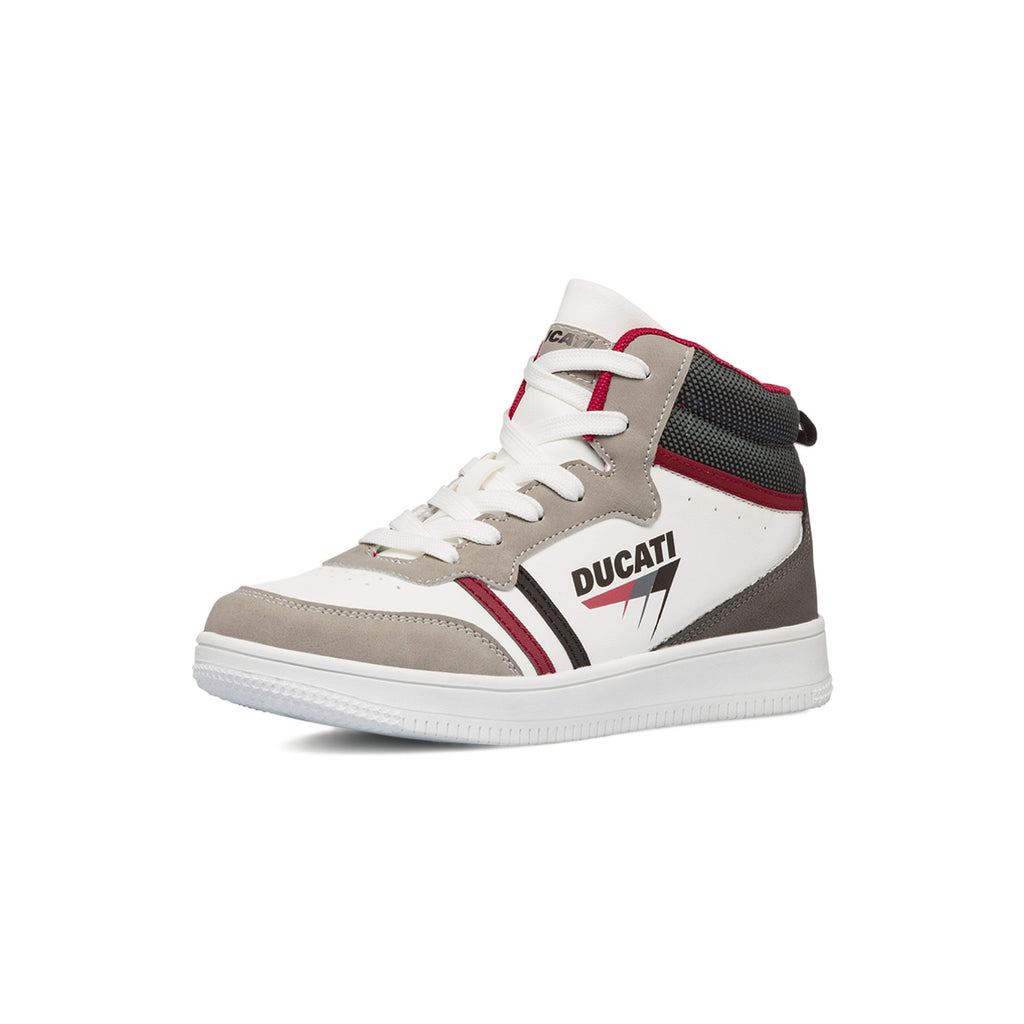 Sneakers alte da ragazzo bianche e beige con logo Ducati