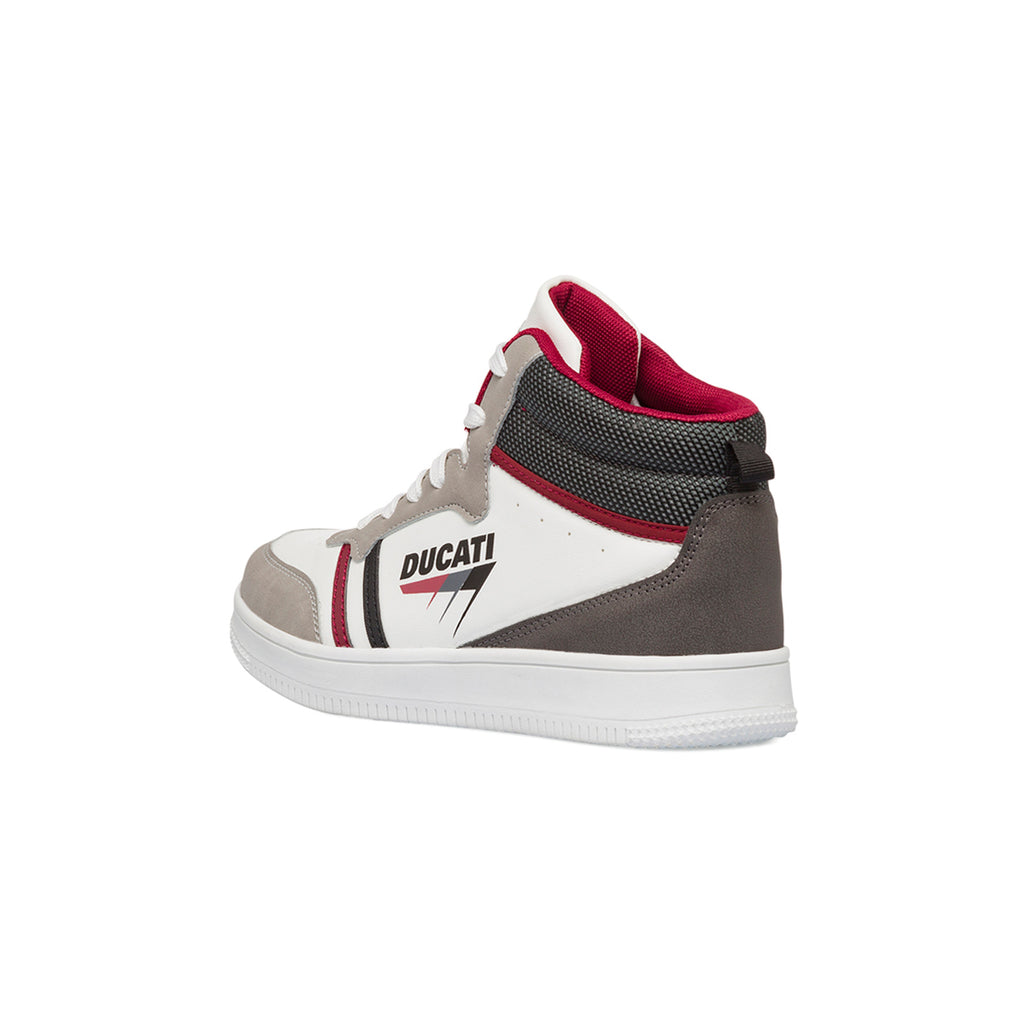 Sneakers alte da ragazzo bianche e beige con logo Ducati