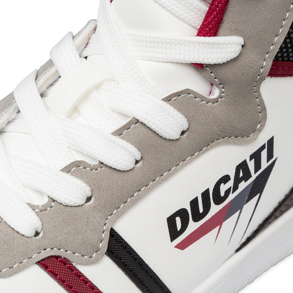 Sneakers alte da ragazzo bianche e beige con logo Ducati