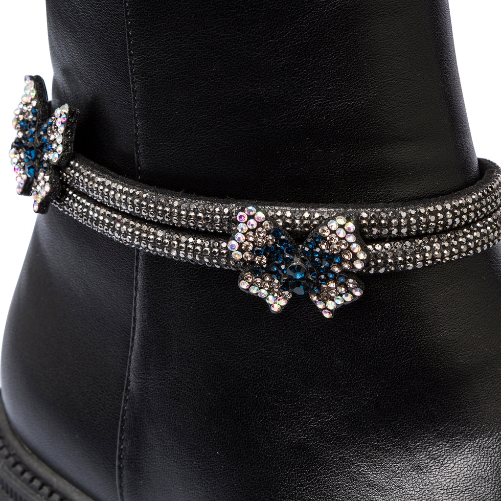 Stivaletti da ragazza neri con strass e fiori Dieci Baci