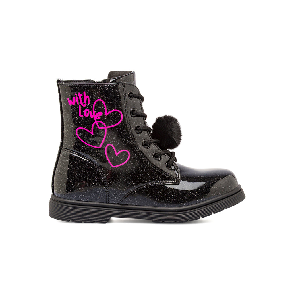 Anfibi da bambina neri con glitter effetto vernice Dieci Baci