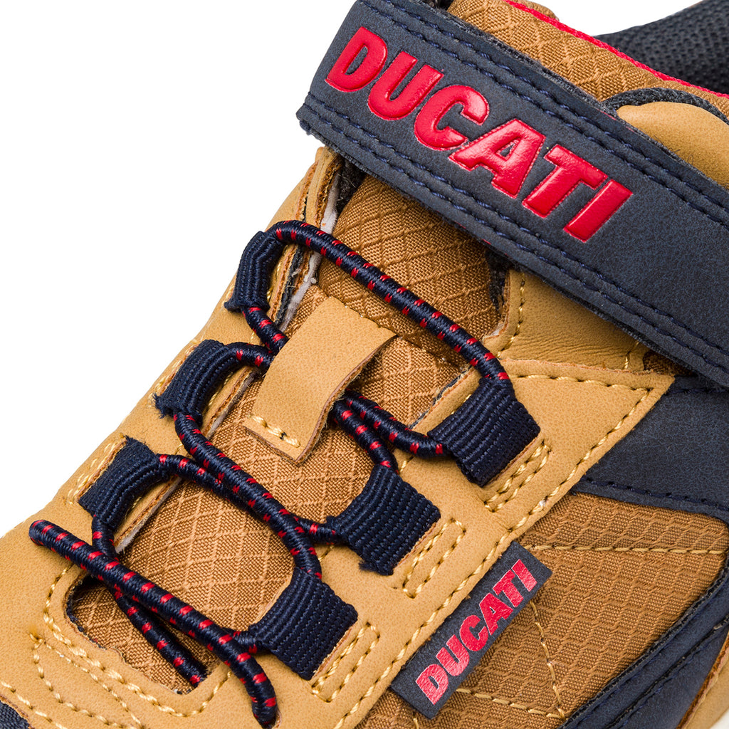 Sneakers bambino blu con dettagli ocra e logo Ducati